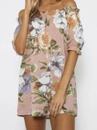 Choies Pink Off Shoulder Floral Print Short Sleeve Dress
