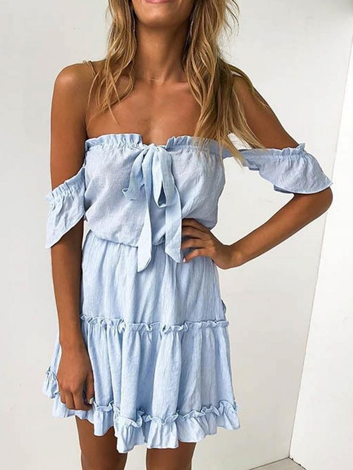 Choies Blue Off Shoulder Tie Front Frill Trim Mini Dress