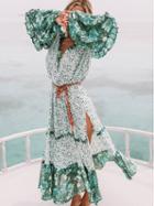 Choies Green Plunge Floral Print Thigh Split Side Maxi Dress