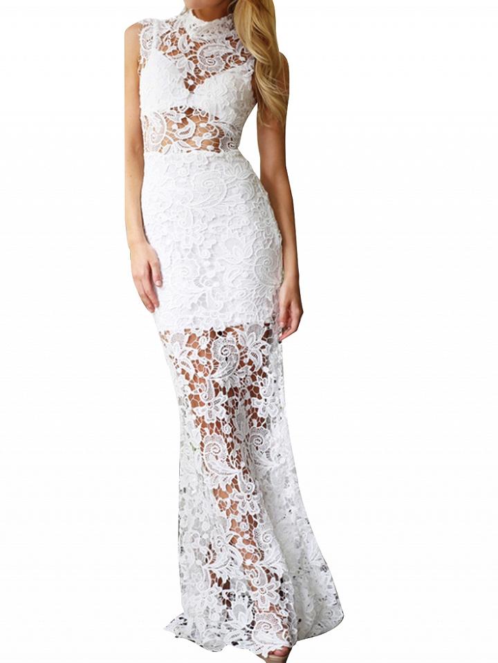 Choies White High Neck Cut Out Detail Lace Maxi Dress