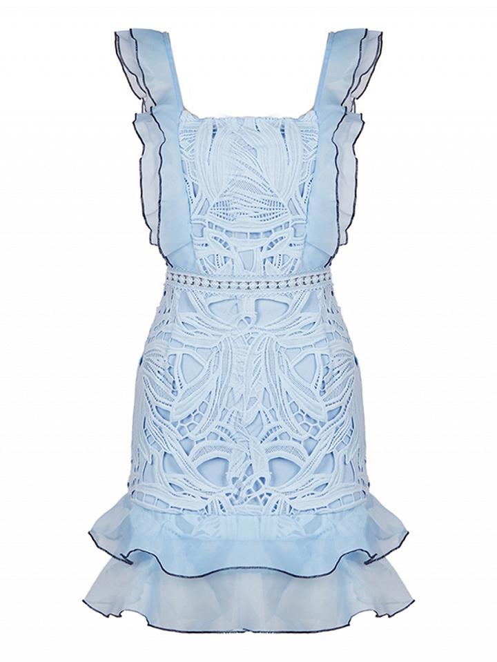 Choies Blue Square Neck Organza Ruffle Yoke Lace Dress