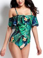 Choies Green Spaghetti Strap Off Shoulder Leaves Print Swimsuit