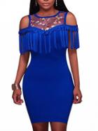 Choies Blue Cold Shoulder Mesh Panel Tassel Trim Bodycon Mini Dress