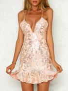 Choies Pink Plunge Sequin Detail Lace Up Back Mini Dress