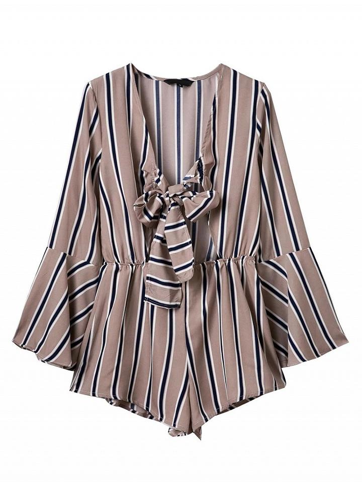 Choies Brown Stripe Plunge Neck Tie Front Open Belly Romper Playsuit