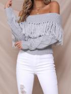 Choies Gray Off Shoulder Tassel Trim Long Sleeve Chic Women Knit Sweater