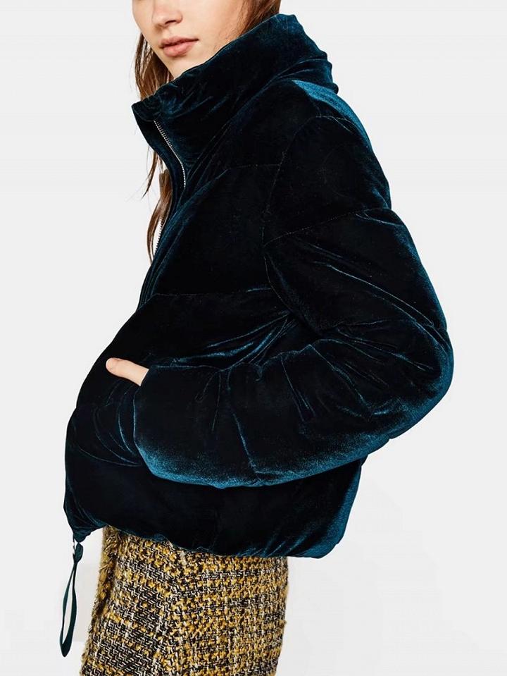 Choies Blue Velvet Long Sleeve Padded Coat