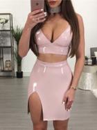 Choies Pink Plunge Pu Crop Top And Split Side Bodycon Mini Skirt
