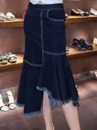 Choies Dark Blue Asymmetric Raw Hem Trim Detail Denim Midi Skirt