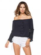 Choies Navy Off Shoulder Lace Up Front Flare Sleeve Blouse Top