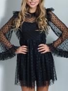 Choies Black Polka Dot Sheer Panel Ruffle Trim Flare Sleeve Mesh Dress
