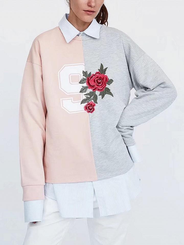 Choies Pink Shirt Collar Floral Embroidery Number Print Blouse