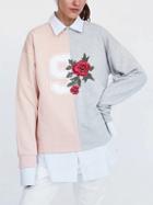Choies Pink Shirt Collar Floral Embroidery Number Print Blouse