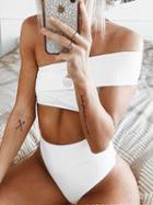 Choies White One Shoulder Women Bikini Top And High Waist Bottom