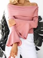 Choies Pink Foldover Off Shoulder Flare Sleeve Ribbed Top