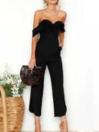 Choies Black Drop Shoulder Ruffle Trim Open Back Romper Jumpsuit