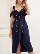 Choies Blue Cold Shoulder Double Breasted Belted Waist Midi Dress