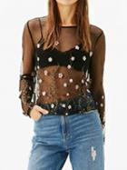 Choies Black Embroidery Floral Long Sleeve Sheer Mesh Blouse