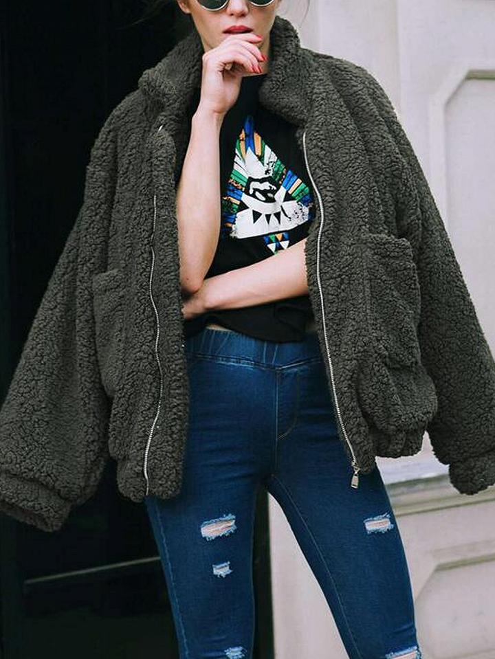 Choies Army Green Lapel Long Sleeve Faux Shearling Coat
