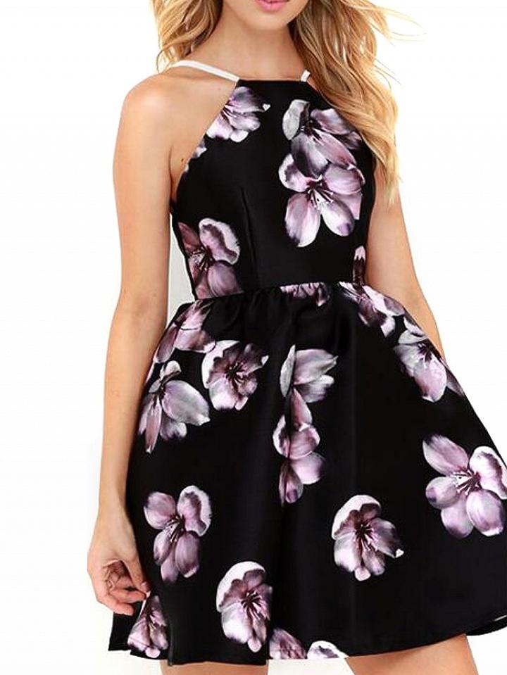 Choies Black Floral Backless High Waist Skater Mini Dress