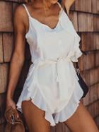 Choies White Spaghetti Strap V-neck Ruffle Trim Chic Women Romper Playsuit