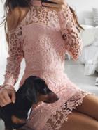 Choies Pink High Neck Cold Shoulder Long Sleeve Lace Mini Dress