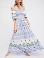 Choies Light Blue Off Shoulder Floral Print Maxi Dress