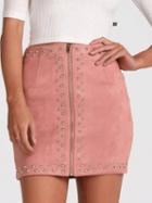 Choies Pink Faux Suede High Waist Studs Zip Up Front Pencil Mini Skirt