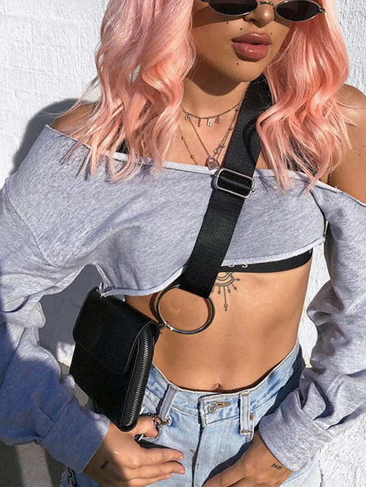 Choies Gray Cotton Asymmetric Detail Long Sleeve Chic Women Crop Top