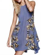Choies Blue Floral Keyhole Lace Up Back Asymmetric Hem Dress
