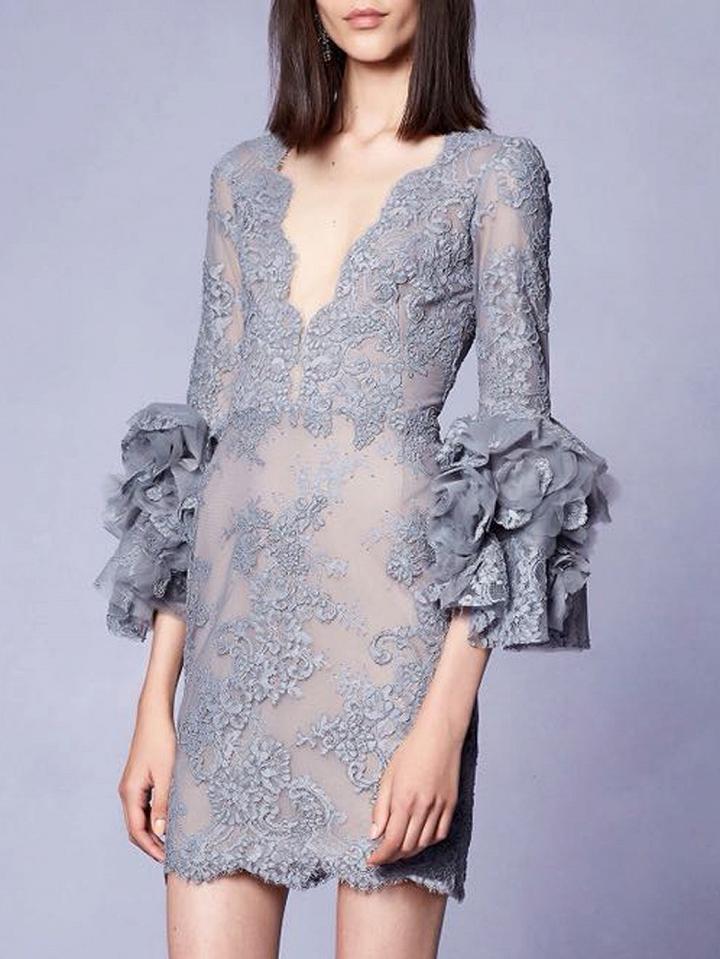 Choies Gray Plunge Puff Sleeve Lace Mini Dress
