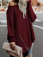 Choies Burgundy Zip Front Batwing Sleeve Chic Women Knit Sweater
