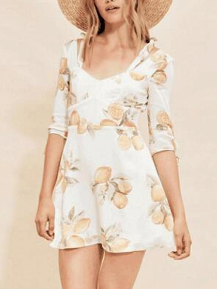 Choies Polychrome V-neck Lemon Print Bow Sleeve Mini Dress