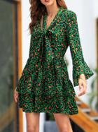 Choies Green Leopard Print Tie Front Flare Sleeve Women Mini Dress