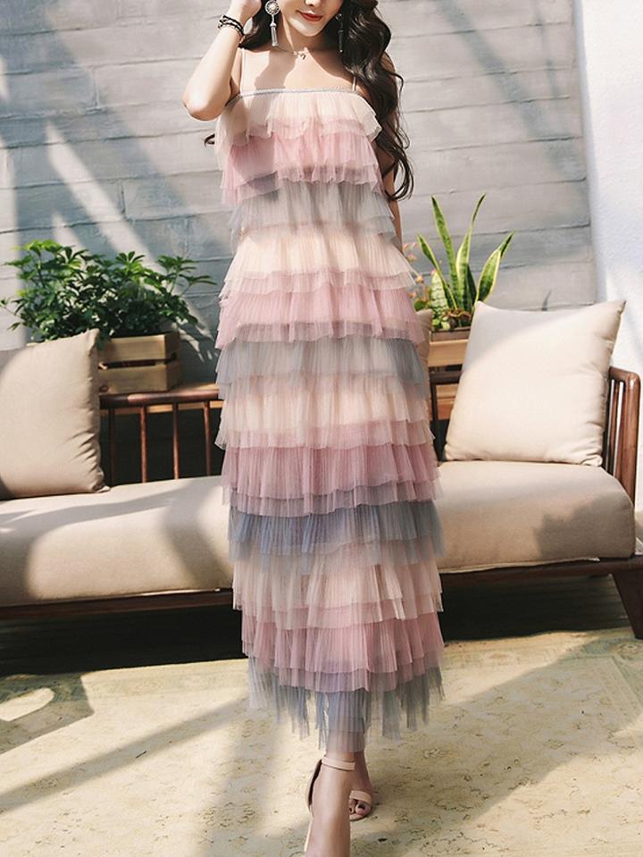 Choies Polychrome Bandeau Rainbow Ruffle Layer Cami Maxi Dress