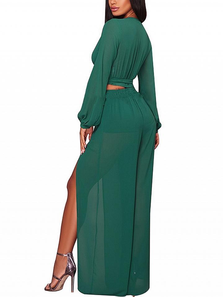 Choies Green Crop Top And High Waist Thigh Split Wide Leg Pants