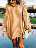 Choies Khaki Stripe High Neck Long Sleeve Chic Women Knit Sweater