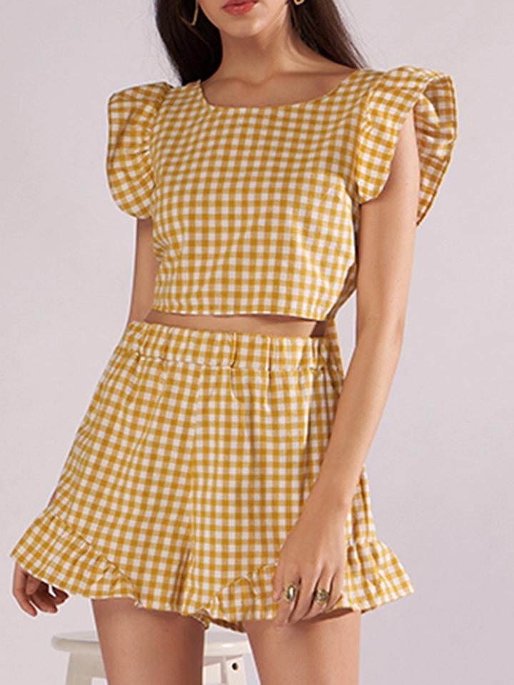 Choies Yellow Plaid Crew Neck Tie Back Crop Top And High Waist Shorts