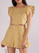 Choies Yellow Plaid Crew Neck Tie Back Crop Top And High Waist Shorts