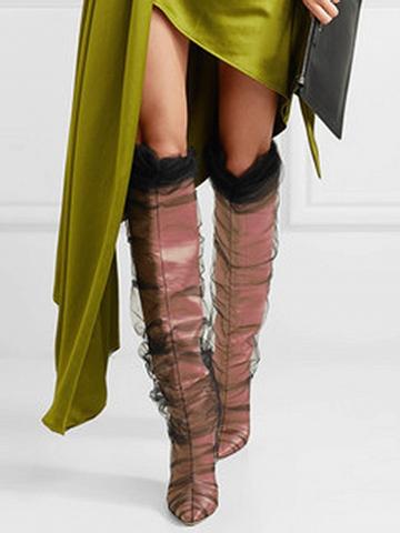 Choies Pink Leather Mesh Panel Pointed Heeled Knee High Boots