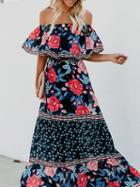 Choies Polychrome Off Shoulder Floral Print Ruffle Trim Women Maxi Dress