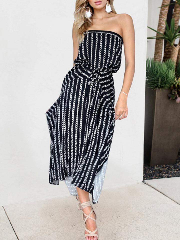 Choies Dark Blue Bandeau Folk Print Drawstring Waist Chic Women Maxi Dress