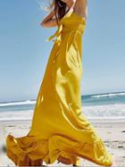 Choies Yellow Halter Tie Front Ruffle Hem Women Cami Maxi Dress