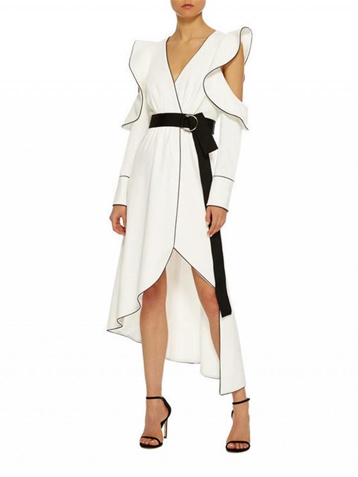 Choies White V-neck Cold Shoulder Ruffle Open Back Hi-lo Midi Dress