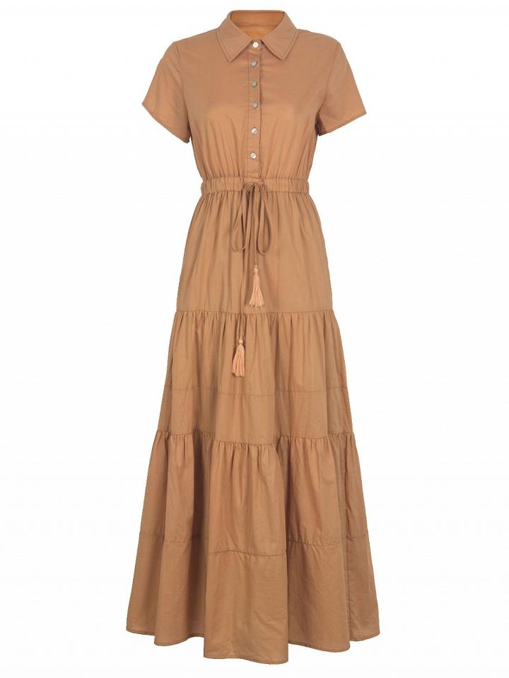 Choies Orange Pointed Collar Tie Waist Ruched Short Sleeve Maxi Dress