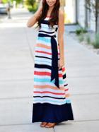 Choies Multicolor Stripe Tie Waist Sleeveless Maxi Dress