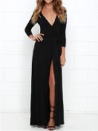 Choies Black Wrap Front Plunge Long Sleeve Split Maxi Dress