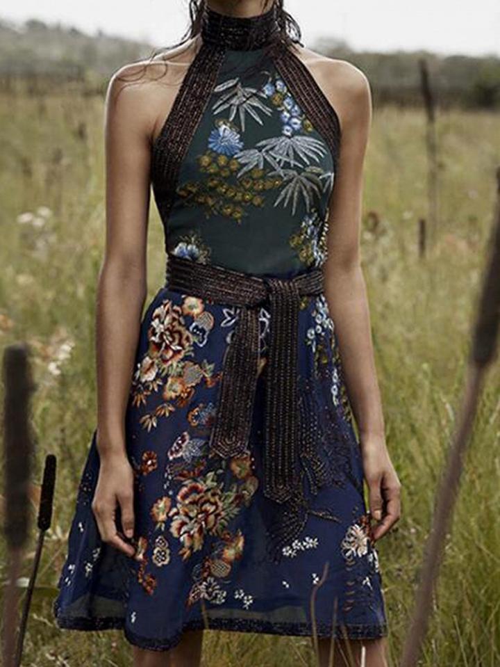 Choies Polychrome Chiffon Flower Embroidery Sleeveless Chic Women Mini Dress