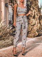 Choies Gray Plaid V-neck Floral Print Chic Women Crop Cami Top And Pants