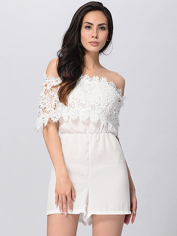 Choies White Off Shoulder Lace Panel Romper Playsuit